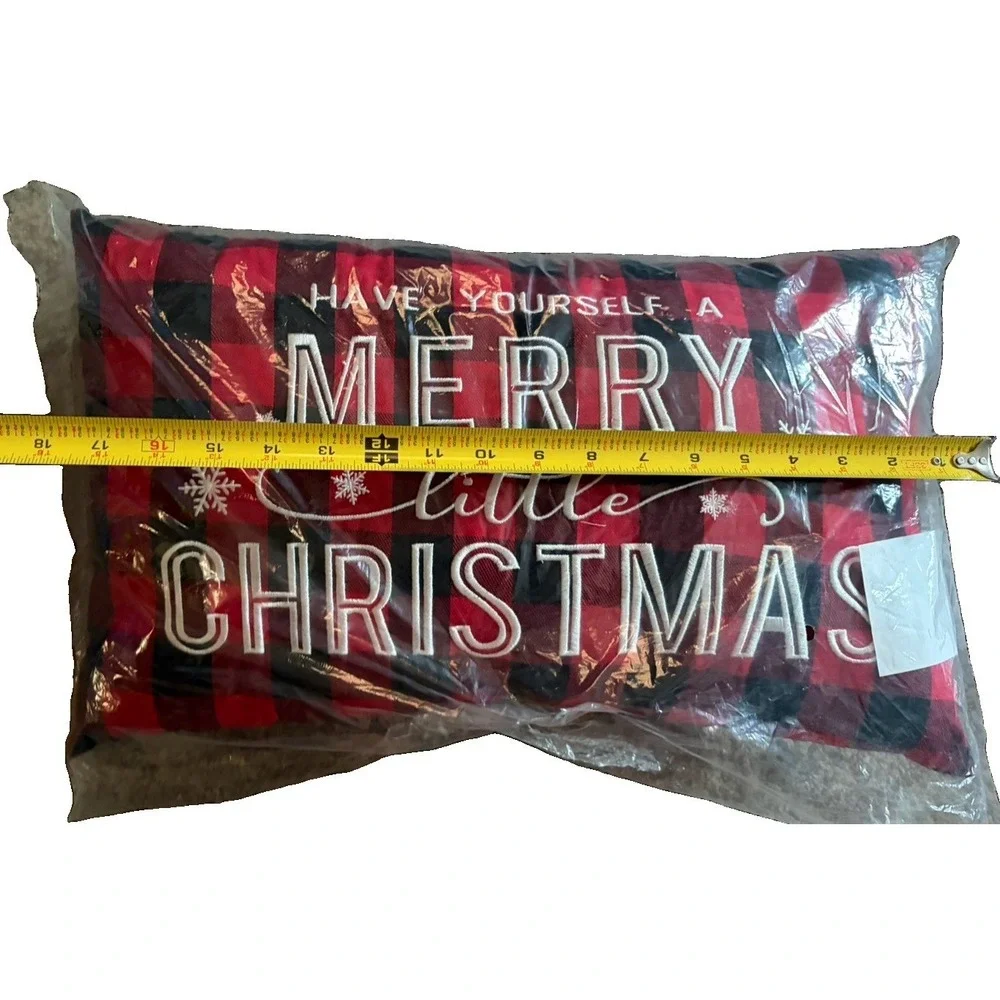 Christmas Buffalo Plaid Throw Pillow Merry Little Christmas 20x12 Red Black NIP